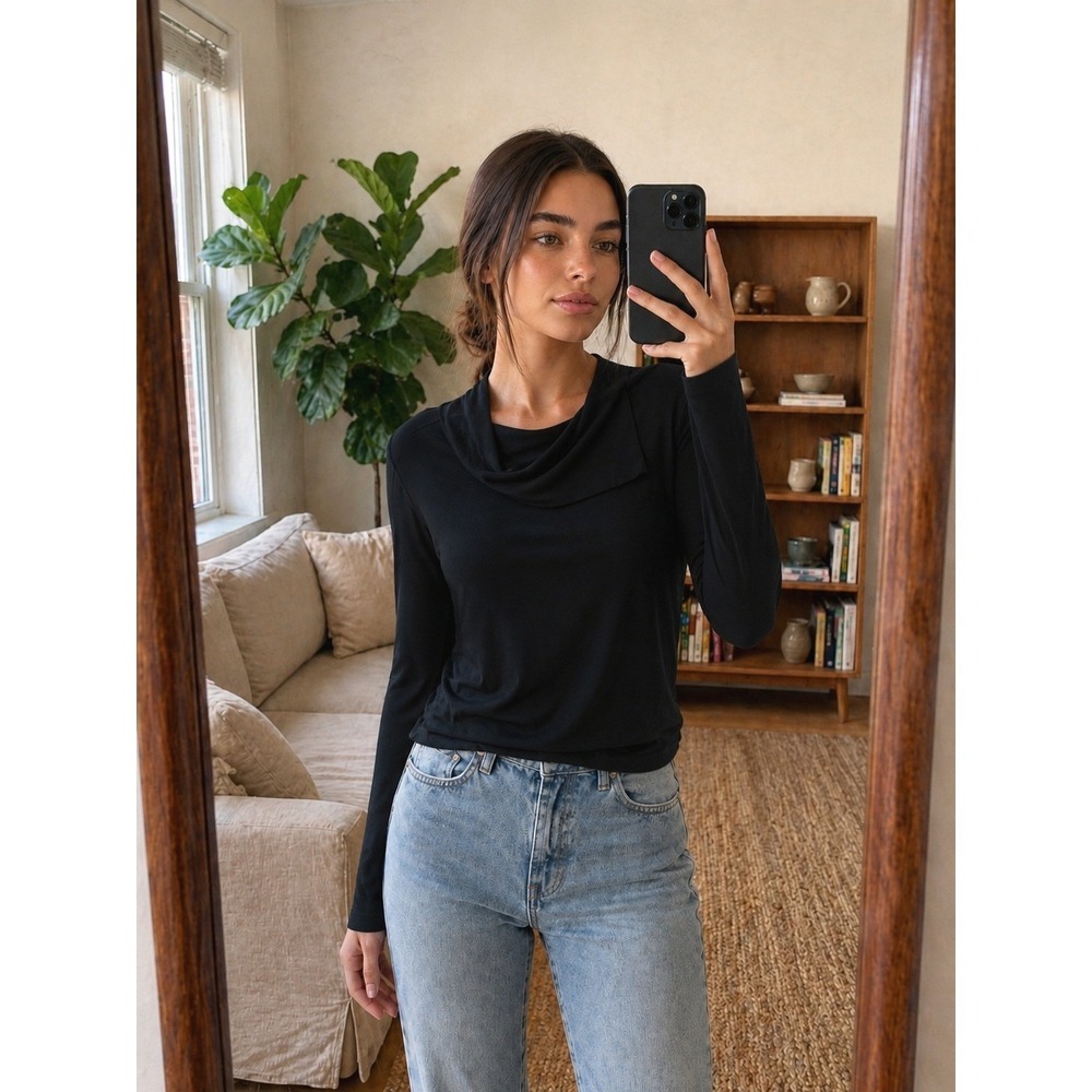 Chico's Women Liquid Knit Top M Black Asymmetrical Mock Neck Classic Minimalist